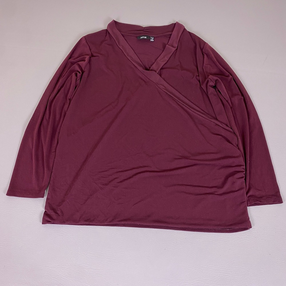 Apt 9 Top Ruched Blouse Women's‎ 1X Burgundy V-Neck Faux Wrap Long Sleeve
